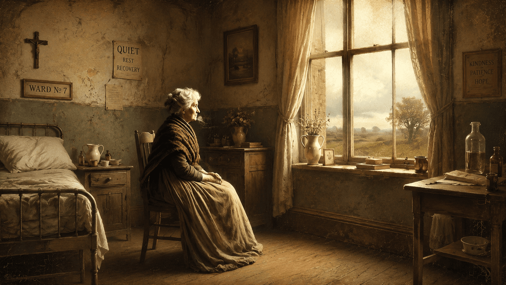 An elderly woman sits quietly on a wooden chair beside an iron hospital bed, gazing out a sunlit window in a softly lit early 20th-century convalescent room filled with worn furniture, simple bottles, and a calm, reflective atmosphere.