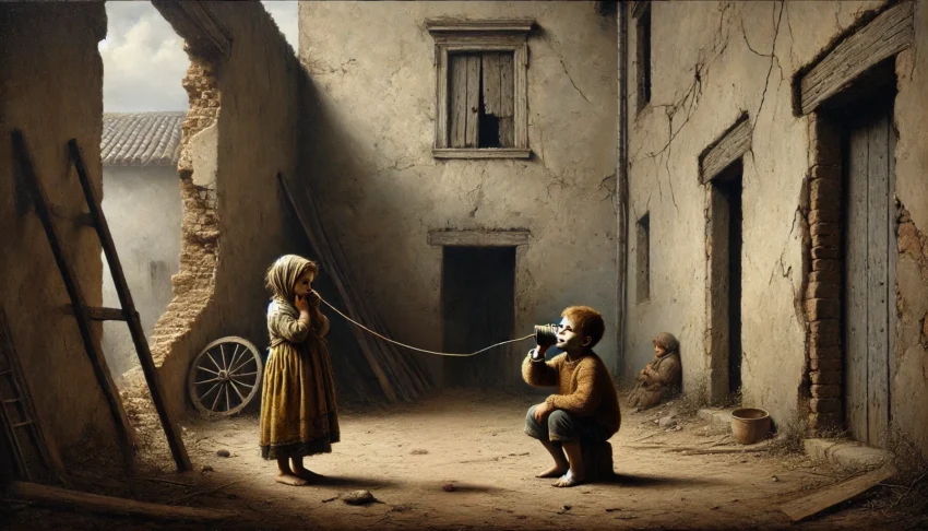 Two children communicate with each other using a rudimentary string telephone