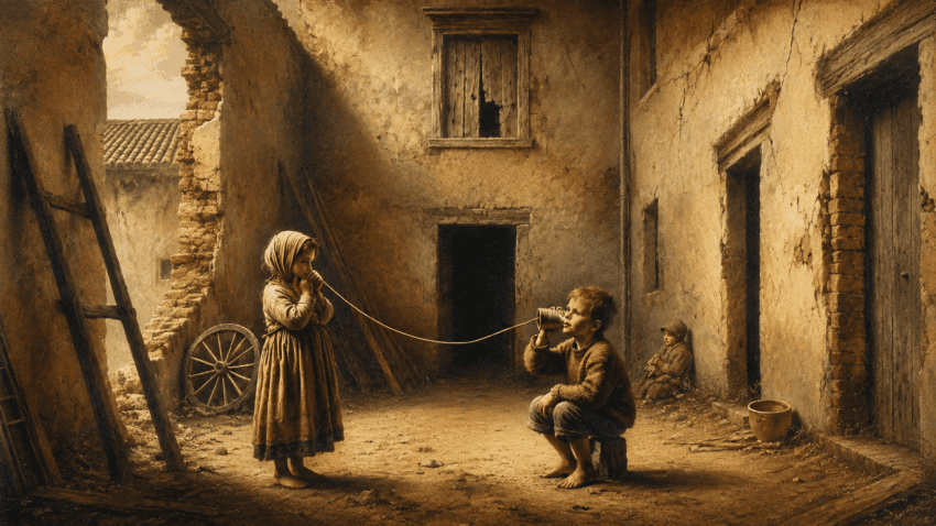 Two barefoot children in period clothing communicate through a tin-can telephone in a sunlit, crumbling courtyard, while a third child sits quietly against the weathered wall.