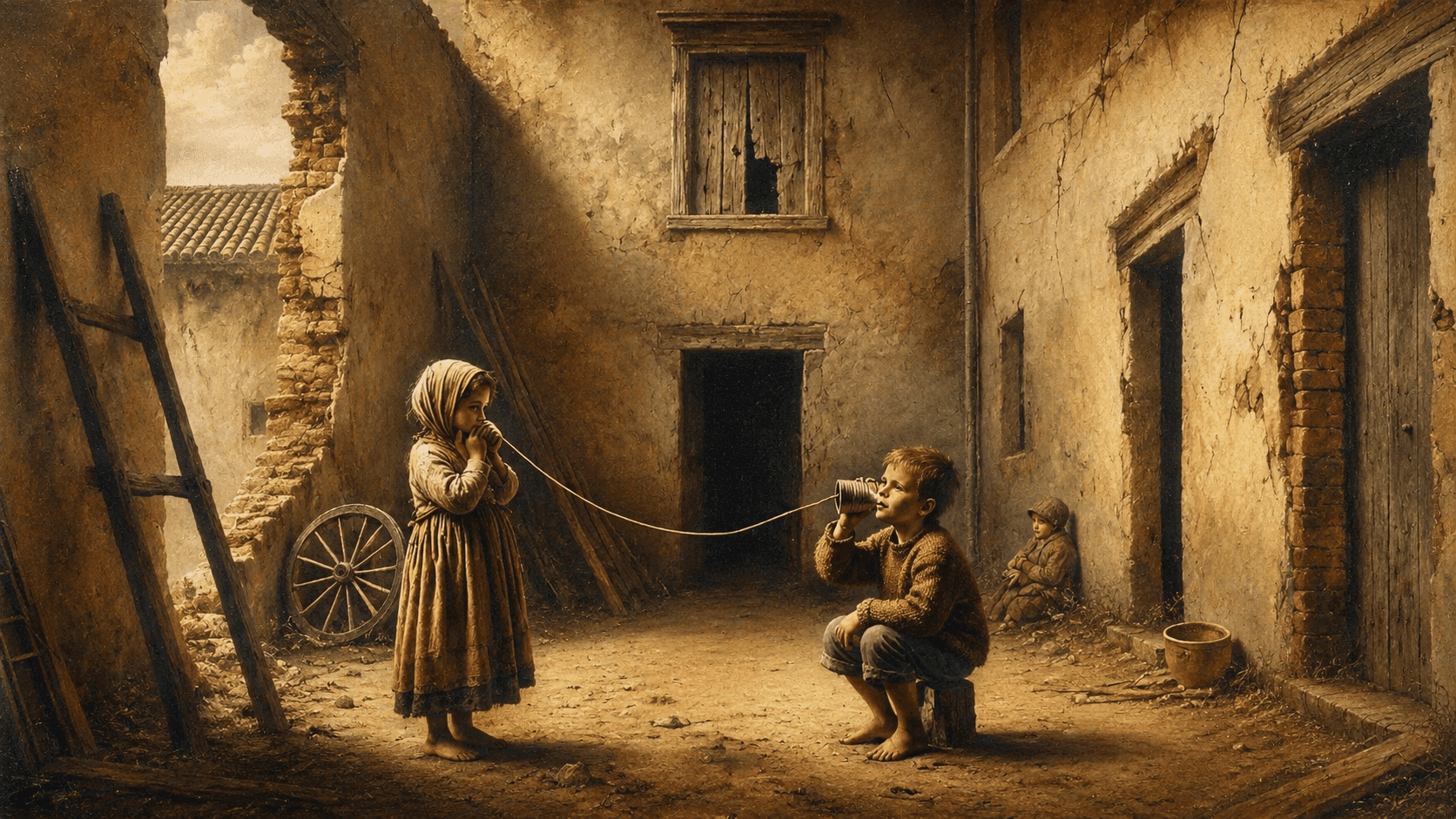 Two barefoot children in period clothing communicate through a tin-can telephone in a sunlit, crumbling courtyard, while a third child sits quietly against the weathered wall.