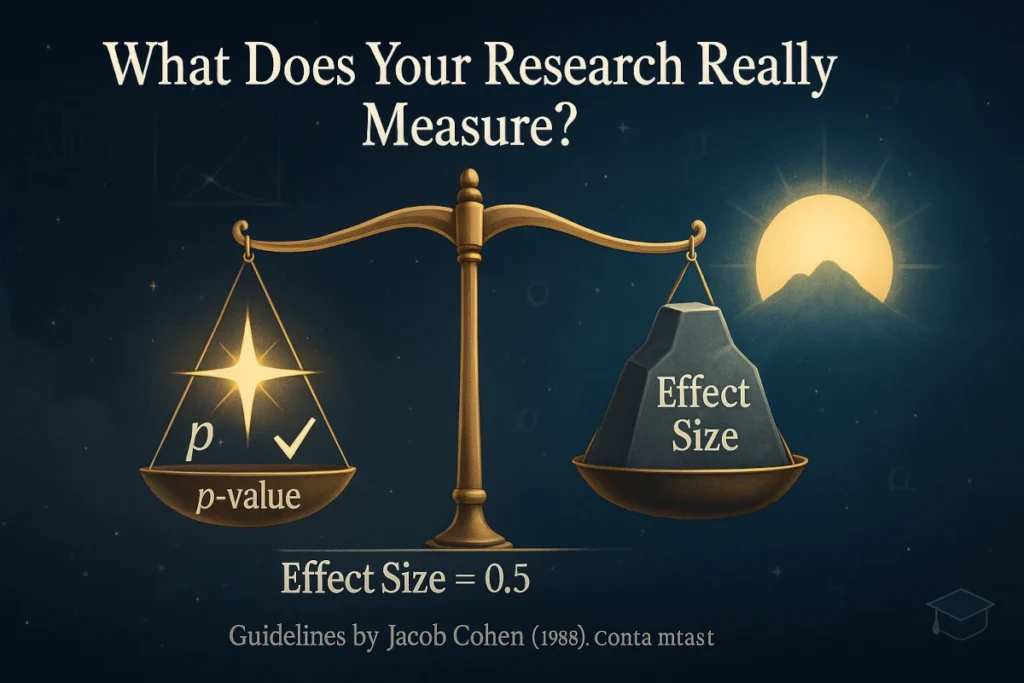 Cosmic-scale artwork showing a balance between 'p-value' on one side and 'Effect Size' on the other, symbolizing the need to prioritize meaningful results in science.