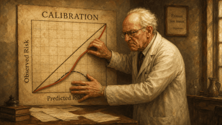 An elderly physician in a white coat carefully shapes a red calibration curve on a large graph comparing predicted and observed risk, in a warmly lit early 20th-century medical study rendered in muted sepia and ochre tones.