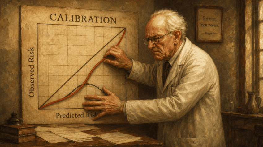 An elderly physician in a white coat carefully shapes a red calibration curve on a large graph comparing predicted and observed risk, in a warmly lit early 20th-century medical study rendered in muted sepia and ochre tones.