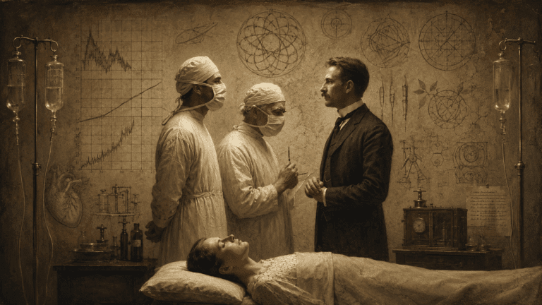 In an early-20th-century hospital room, two masked surgeons confer with a formally dressed man beside a reclining patient, surrounded by anatomical sketches, scientific diagrams, glass infusion bottles, and antique medical instruments.