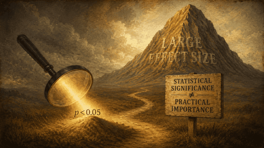 A glowing magnifying glass highlights “p < 0.05” beside a winding path toward a mountain marked “Large Effect Size,” while a roadside sign warns that statistical significance is not the same as practical importance.