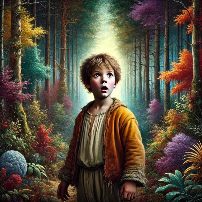 A young boy standing on a path between two forests