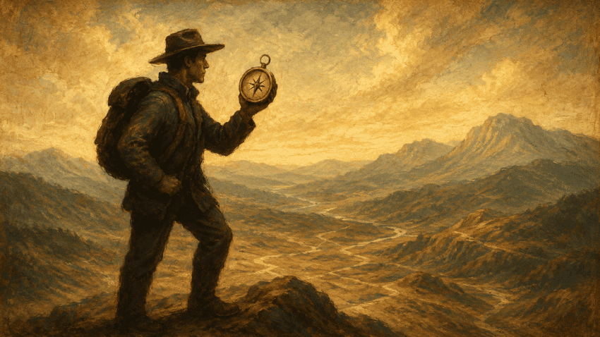 A lone early-20th-century traveler stands on a rocky ridge, holding a compass toward the light while surveying a vast golden mountain valley crossed by winding paths, in a warm, antique painterly style.