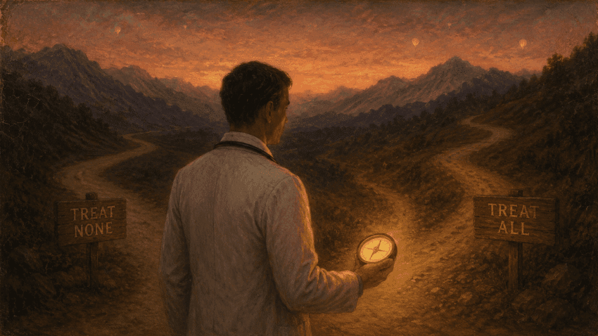 A physician in a pale coat stands at a forked mountain path at sunset, holding a glowing compass between two wooden signs marked “TREAT NONE” and “TREAT ALL,” symbolizing a clinical decision between opposing treatment strategies.