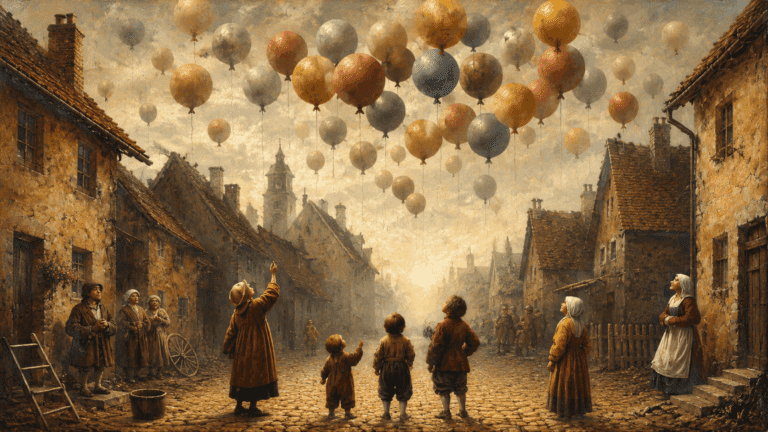 Villagers and children in period clothing gaze upward as dozens of muted red, gold, blue, and cream balloons drift above a cobbled old European street in a warm, painterly historical scene.