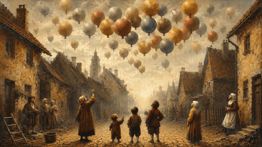 Villagers and children in period clothing gaze upward as dozens of muted red, gold, blue, and cream balloons drift above a cobbled old European street in a warm, painterly historical scene.