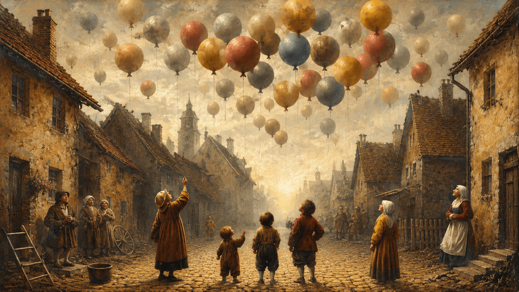 Villagers and children in period clothing gaze upward as dozens of muted red, gold, blue, and cream balloons drift above a cobbled old European street in a warm, painterly historical scene.