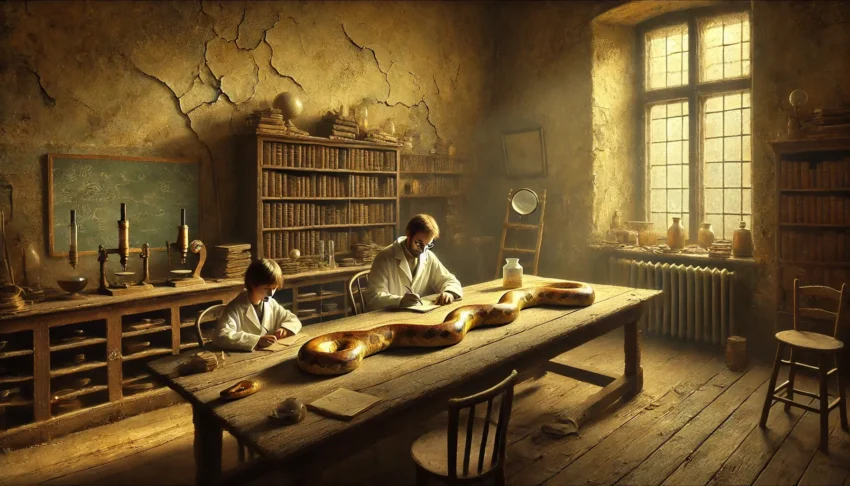 Children dressed in lab coats are studying a python