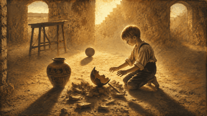 A young boy kneels beside the shattered remains of a clay pot in a sunlit, rustic room, surrounded by warm golden light, long shadows, and aged earthenware in a melancholic early-20th-century painterly style.