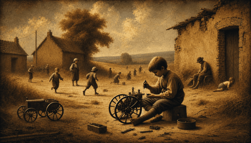 A vintage pastoral scene of a young boy repairing a mechanical cart in a rural village, surrounded by children, weathered homes, and warm sepia light.