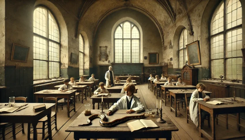Children dressed in lab coats are studying a python