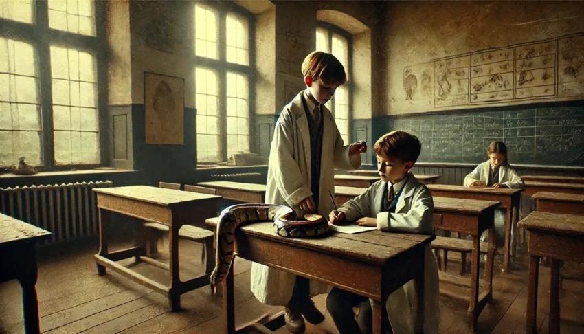 Children dressed in lab coats are studying a python