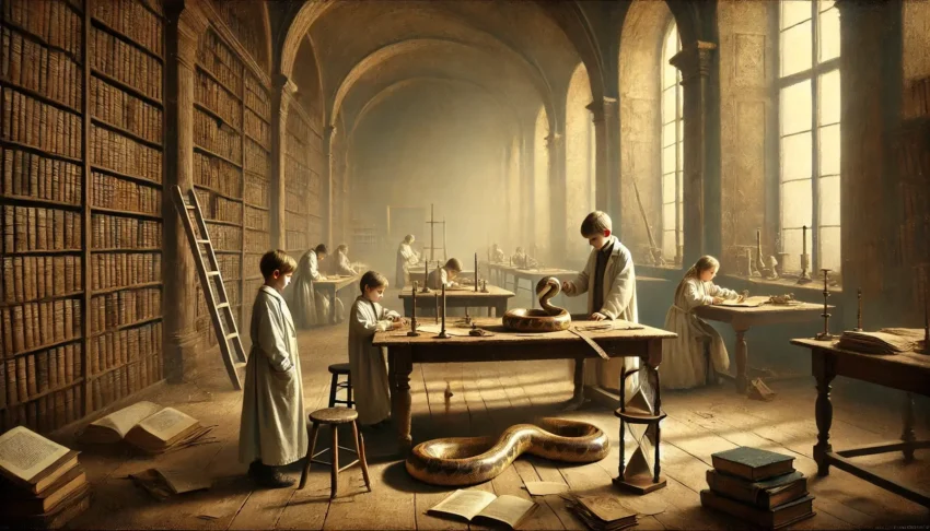 Children dressed in lab coats are studying a python