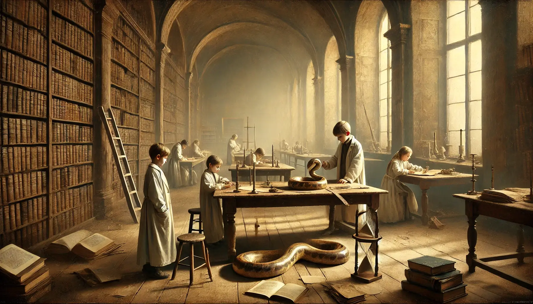 Children dressed in lab coats are studying a python