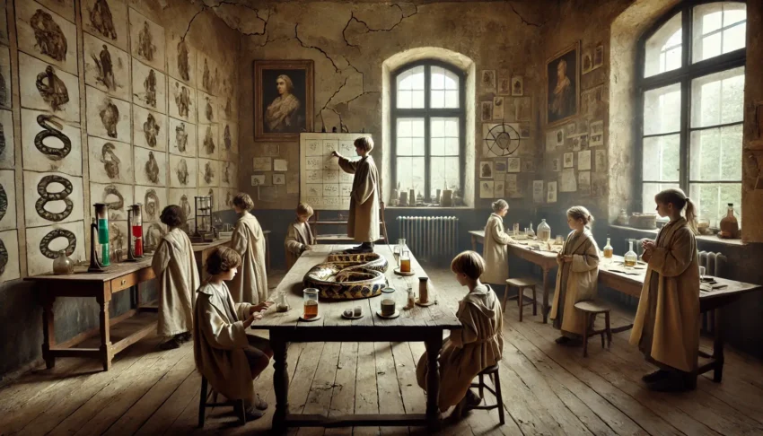 Children dressed in lab coats are studying a python