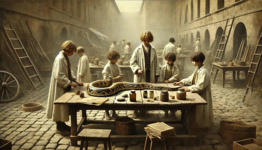 Children dressed in lab coats are studying a python