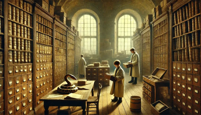 Children dressed in lab coats are studying a python