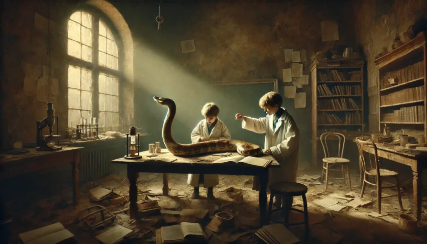 Children dressed in lab coats are studying a python