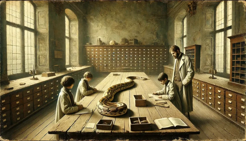 Children dressed in lab coats are studying a python