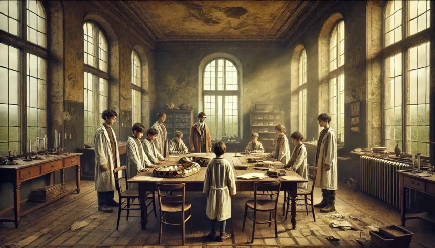 Children dressed in lab coats are studying a python