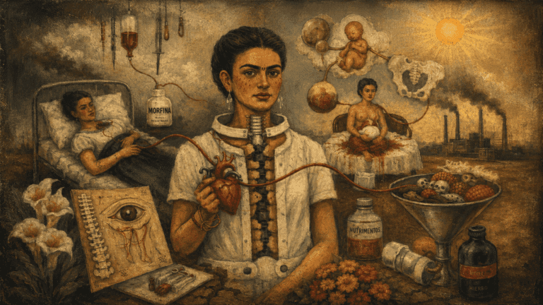 Surreal historical medical illustration of a woman holding an anatomical heart, surrounded by a hospital bed, childbirth imagery, anatomical charts, medicine bottles, flowers, and distant factory smokestacks in a muted vintage palette.