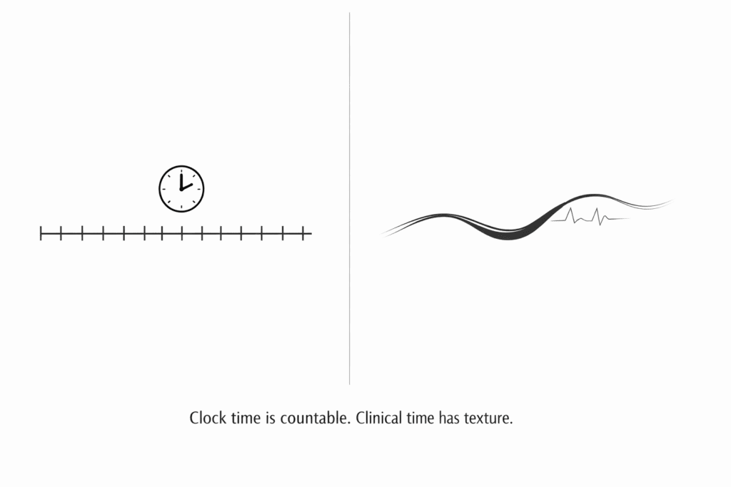 Minimal illustration contrasting clock time with Bergson’s “duration” in acute medicine.