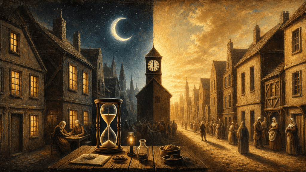 Symbolic historical village divided between moonlit night and golden daylight, centered on a clock tower, with an hourglass and candle in the foreground and townspeople gathered along the street.