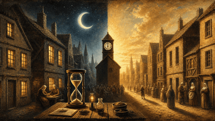 Symbolic historical village divided between moonlit night and golden daylight, centered on a clock tower, with an hourglass and candle in the foreground and townspeople gathered along the street.