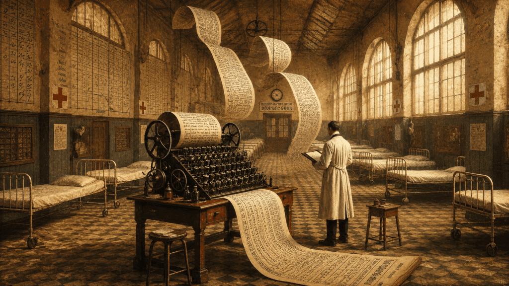 Early 20th-century doctor reading beside a large mechanical records machine in a sunlit hospital ward, as long handwritten paper scrolls curl above rows of iron beds and arched windows