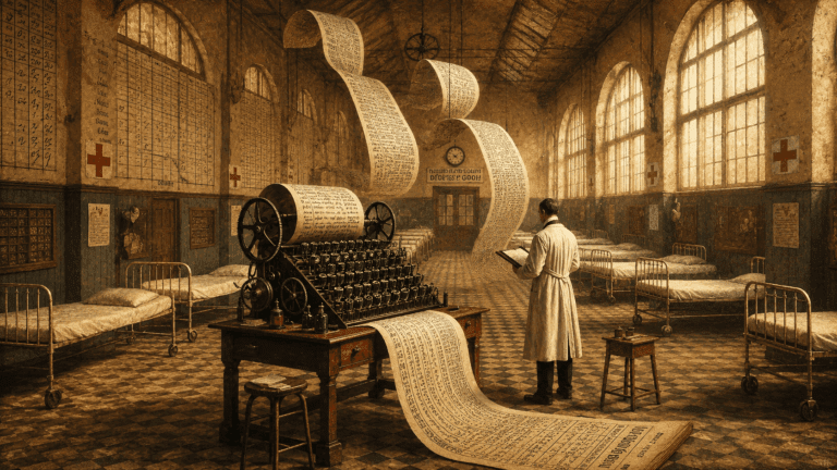 Early 20th-century doctor reading beside a large mechanical records machine in a sunlit hospital ward, as long handwritten paper scrolls curl above rows of iron beds and arched windows