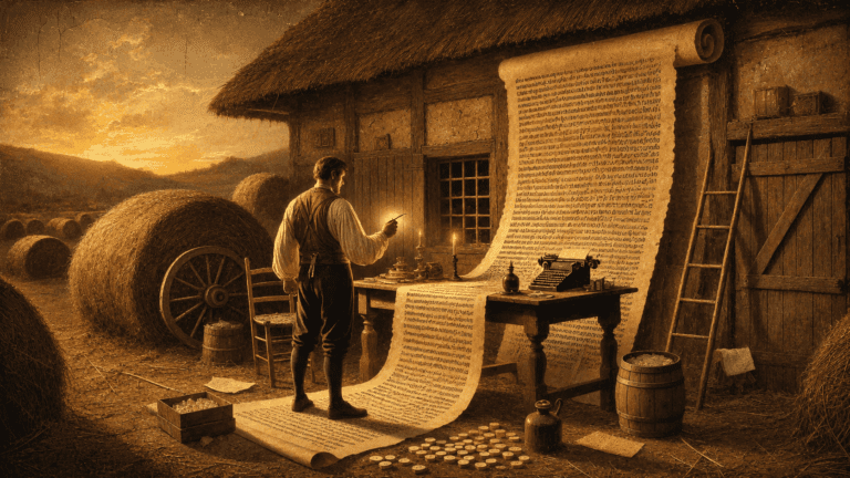 Painterly rural scene at sunset, where a solitary man studies an immense handwritten scroll by candlelight beside a thatched farmhouse, surrounded by hay bales, a wooden desk, an antique typewriter, barrels, and farming tools.