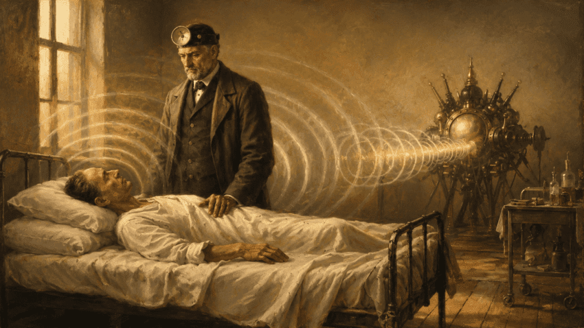 Early 20th-century doctor standing beside a bedridden patient in a dim hospital ward, while an ornate medical machine emits glowing concentric waves across the room in a warm, painterly historical style.