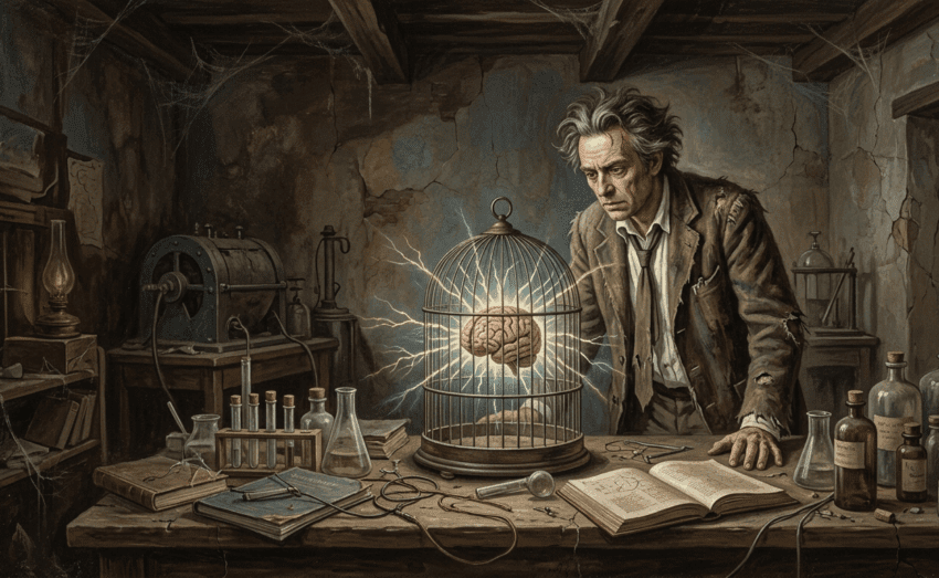 A researcher observes a brain in a cage