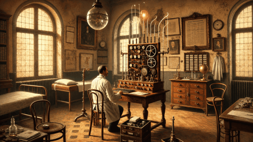 Painterly early 20th-century medical laboratory, where a physician in a white coat sits before an elaborate brass-and-wood experimental machine, surrounded by hospital beds, antique instruments, framed documents, and tall arched windows glowing with warm golden light.