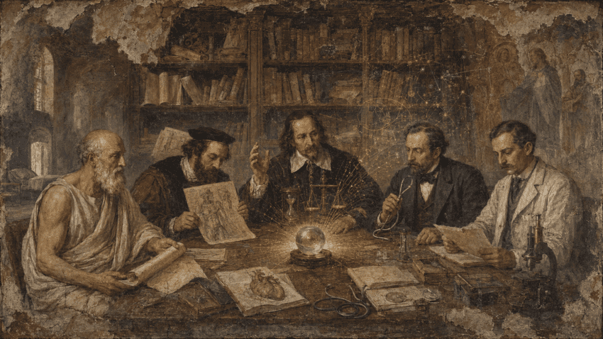 a solemn council / meeting of physicians, gathered around a large wooden table, each doctor representing a different era of medical “seeing”.