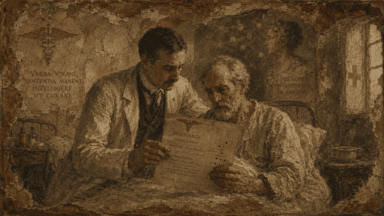 A doctor reads a discharge letter to a patient.