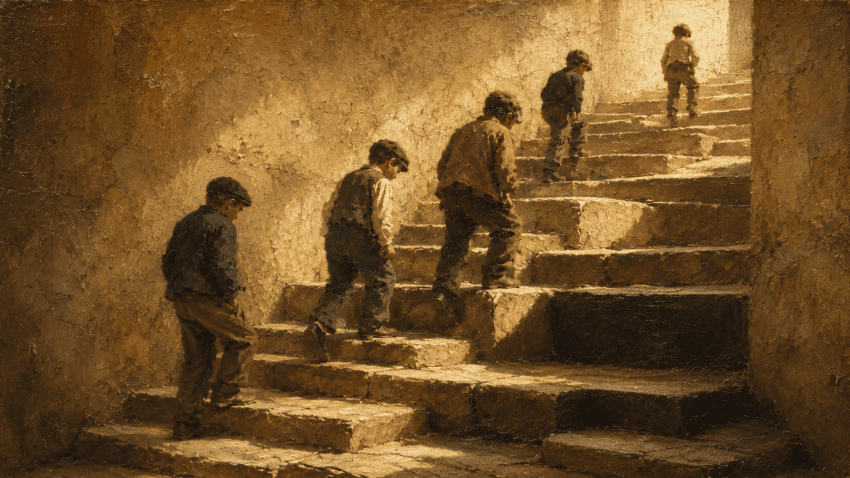 People climb a staircase with uneven steps