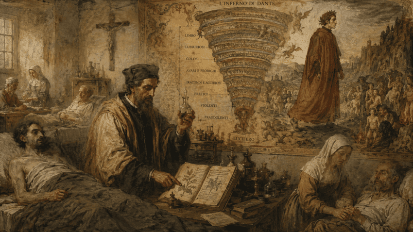 Historical medical illustration showing a medieval physician examining patients in a hospital ward, with a large mural of Dante’s Inferno behind him, connecting disease, clinical observation, and medieval visions of suffering.