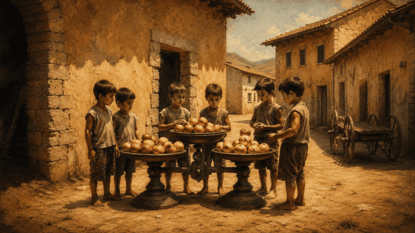 Six barefoot boys gather around an antique balance scale laden with pomegranates in a sunlit, rustic village street