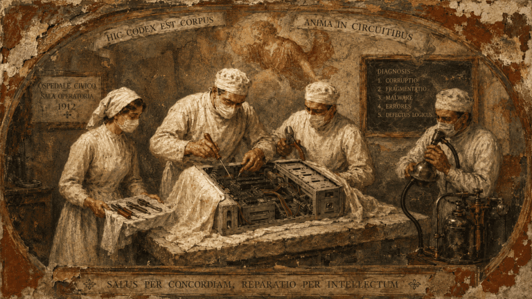 a surgical team, including a surgeon, an assistant, an anesthetist, and a scrub nurse, is about to perform an operation but instead of a human being, the patient is a computer
