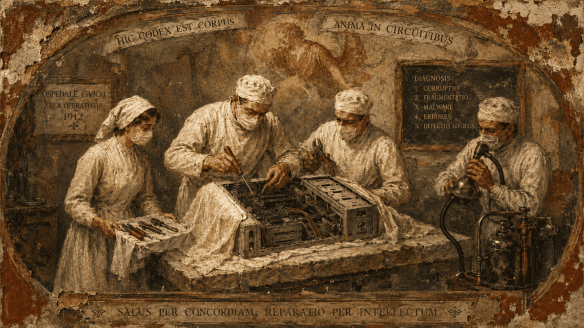 a surgical team, including a surgeon, an assistant, an anesthetist, and a scrub nurse, is about to perform an operation but instead of a human being, the patient is a computer