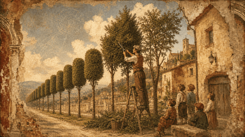 a young gardener prunes a row of uneven trees, shaping them into uniform ones