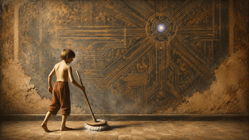 A vintage-style illustration shows a barefoot boy sweeping the floor in front of a large, weathered wall engraved with circuit-like patterns and a glowing circular center, blending an old-world atmosphere with a mysterious technological motif.