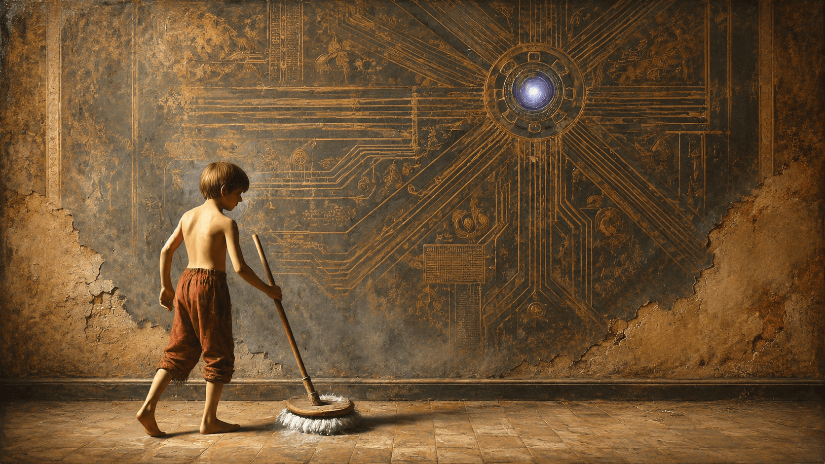 A vintage-style illustration shows a barefoot boy sweeping the floor in front of a large, weathered wall engraved with circuit-like patterns and a glowing circular center, blending an old-world atmosphere with a mysterious technological motif.