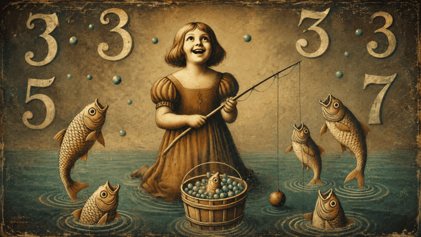 A vintage-style illustration of a smiling young girl fishing in shallow water, surrounded by leaping fish, floating blue spheres, a wooden basket, and large decorative numbers.