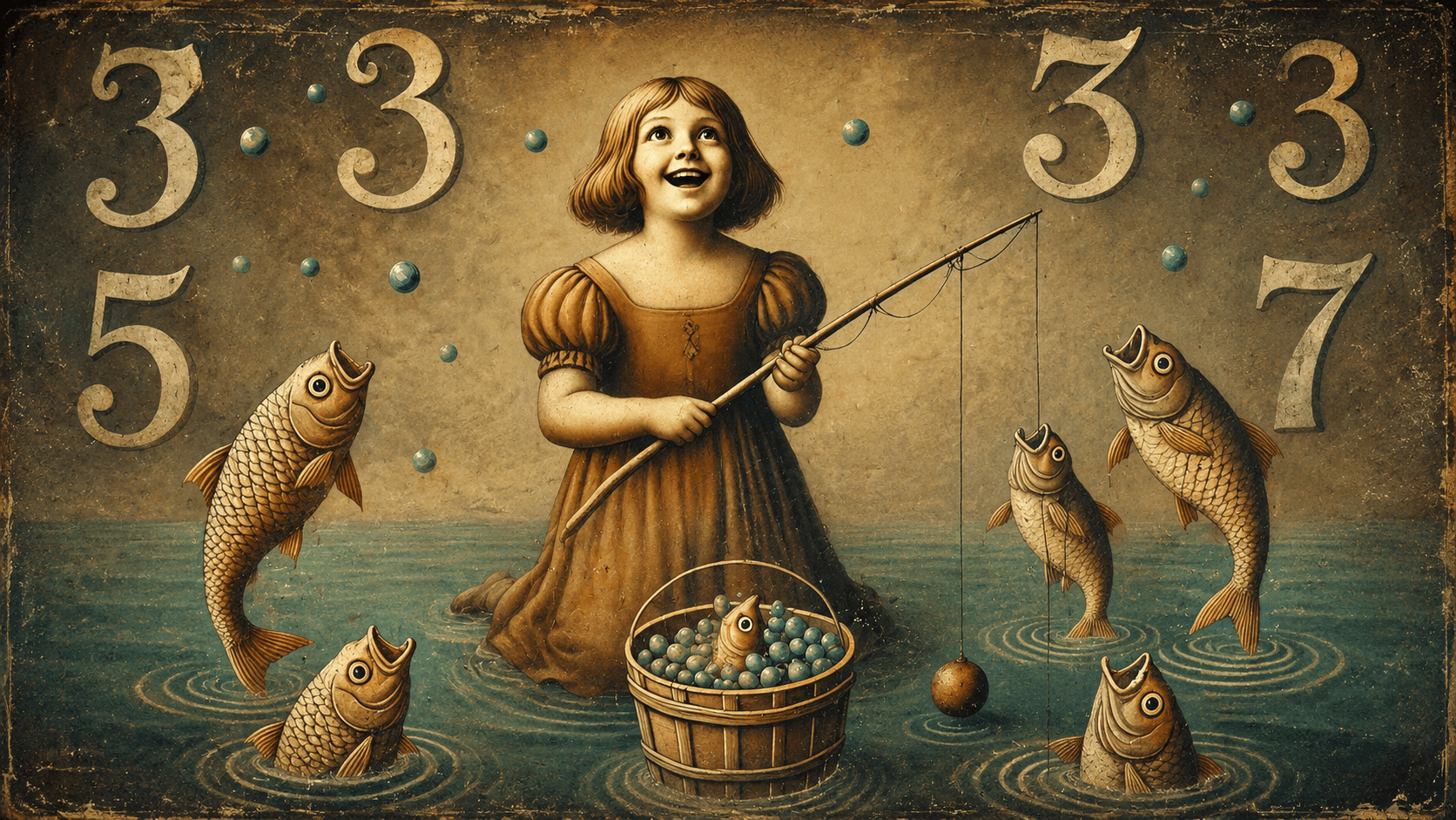 A vintage-style illustration of a smiling young girl fishing in shallow water, surrounded by leaping fish, floating blue spheres, a wooden basket, and large decorative numbers.